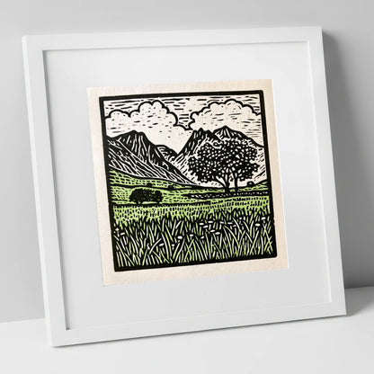Langdale Pikes Spring Meadow lake district fell art print in white frame