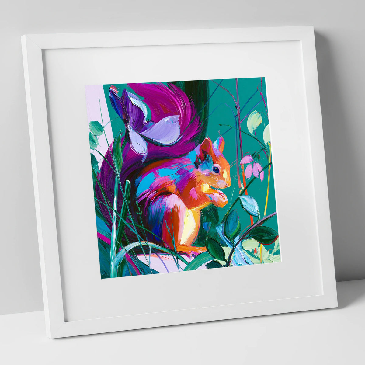 Vibrant Red Squirrel in Woodland lake district wildlife art print in white frame