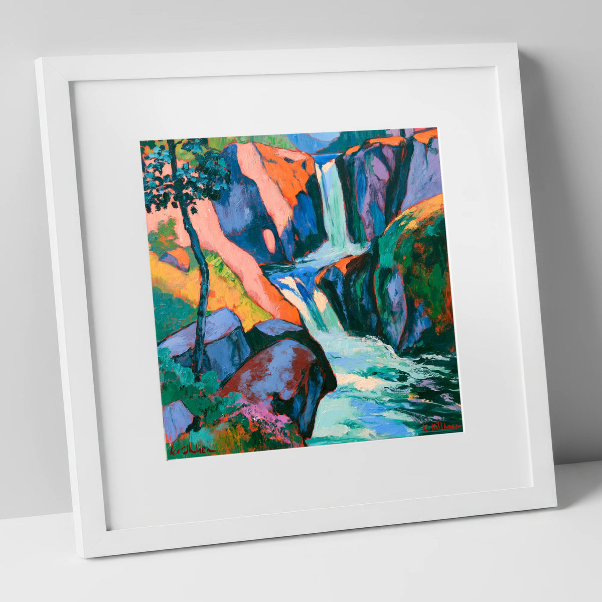 Vibrant Cascading Fellside Waterfall lake district waterfall art print in white frame