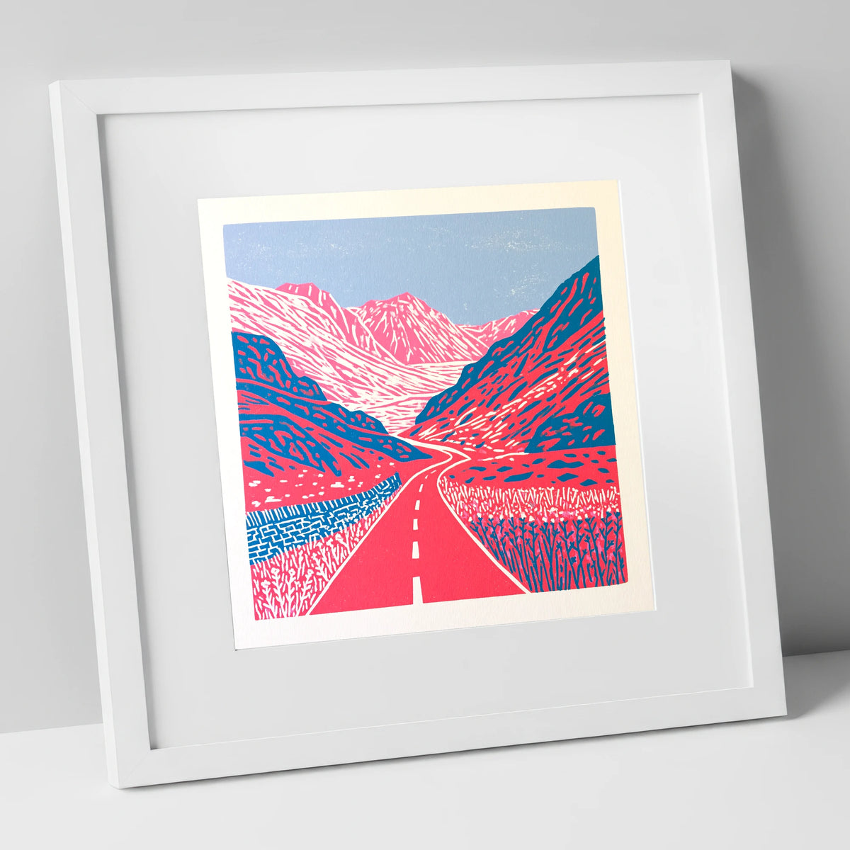 Vibrant Honister Pass Road lake district valley art print in white frame