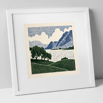 Crummock Water in Navy and Green lake district lake art print in white frame