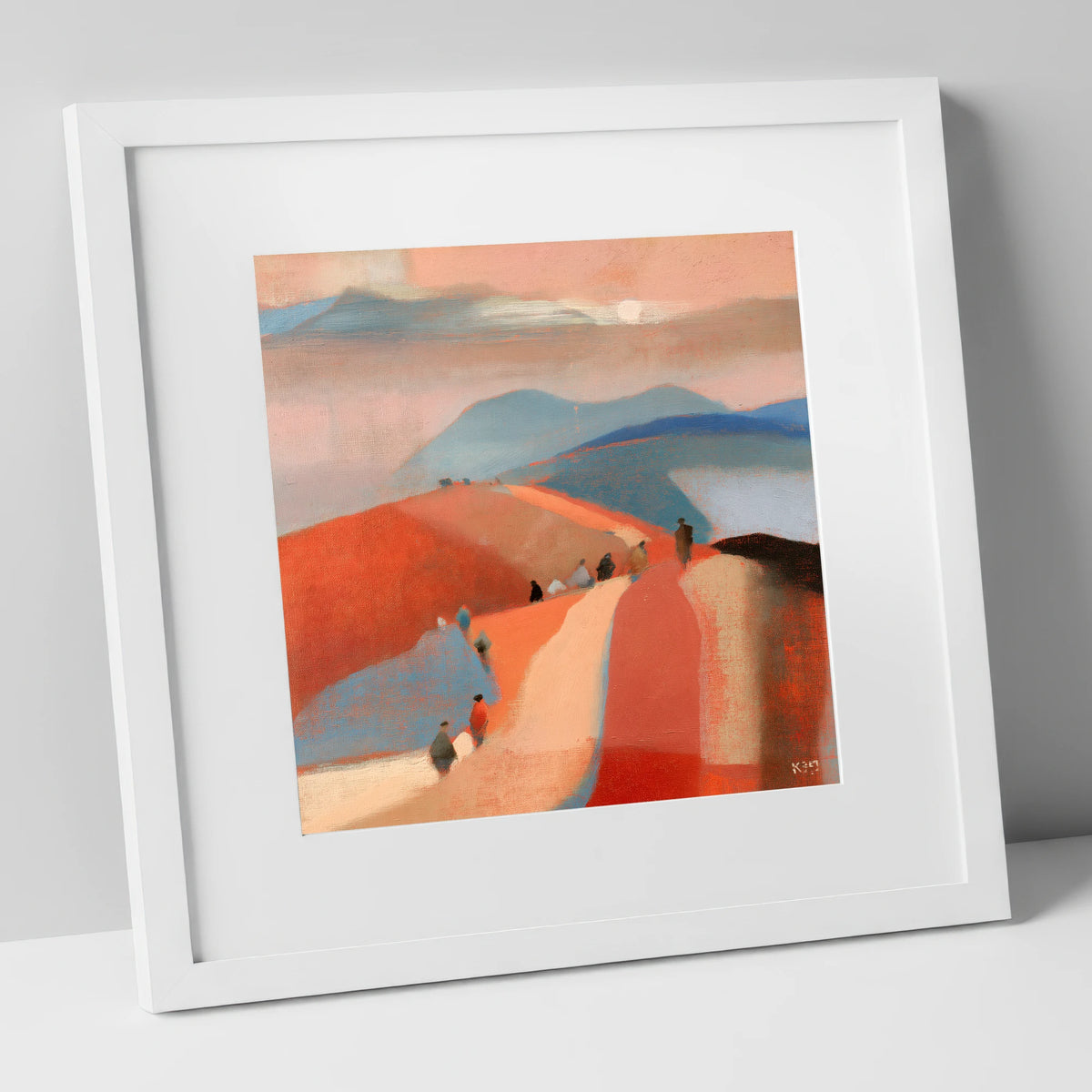 Walkers on a Sunset Mountain Path lake district walking art print in white frame