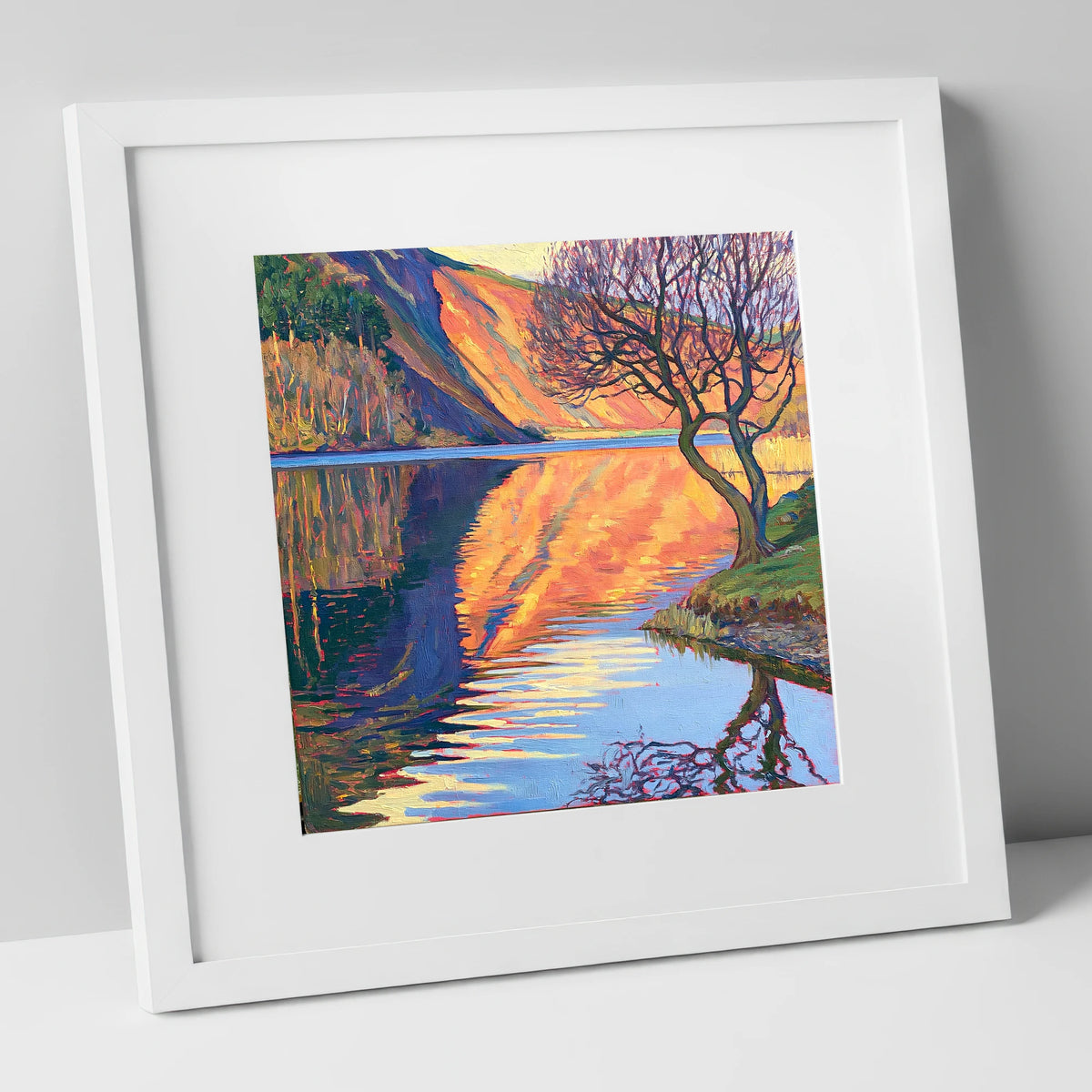 Vibrant Bassenthwaite Lake Reflections lake district lake art print in white frame
