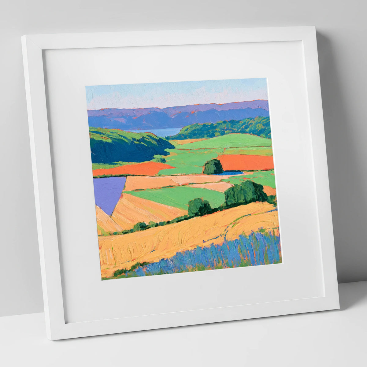 Luminous Patchwork Dale Fields lake district valley art print in white frame