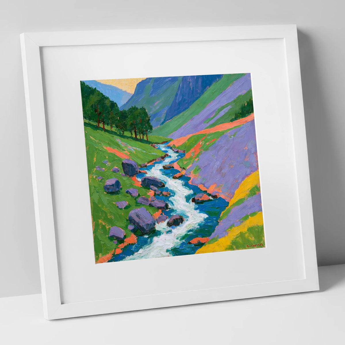 Vivid Rushing Fellside Beck lake district waterfall art print in white frame