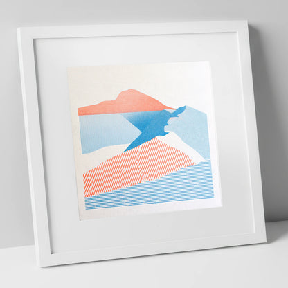 Helvellyn in Coral and Blue lake district fell art print in white frame