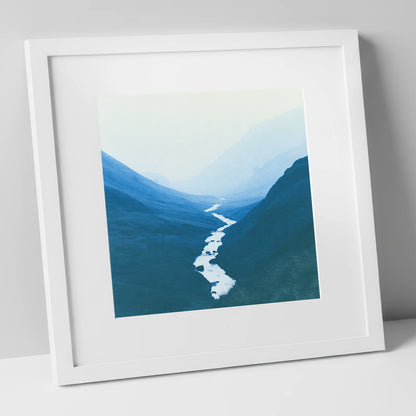 River Winding Through Blue Fells lake district waterfall art print in white frame