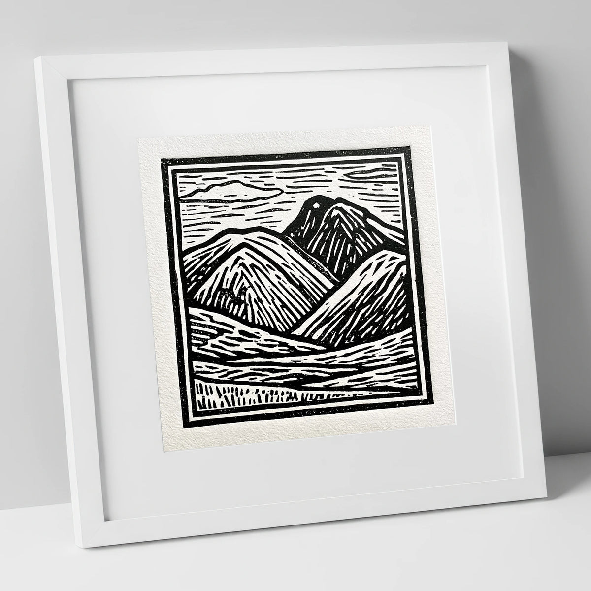 Bowfell in Stark Black and White lake district fell art print in white frame