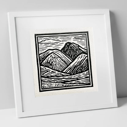 Bowfell in Stark Black and White lake district fell art print in white frame