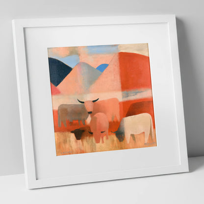 Highland Cattle and Terracotta Fells lake district wildlife art print in white frame