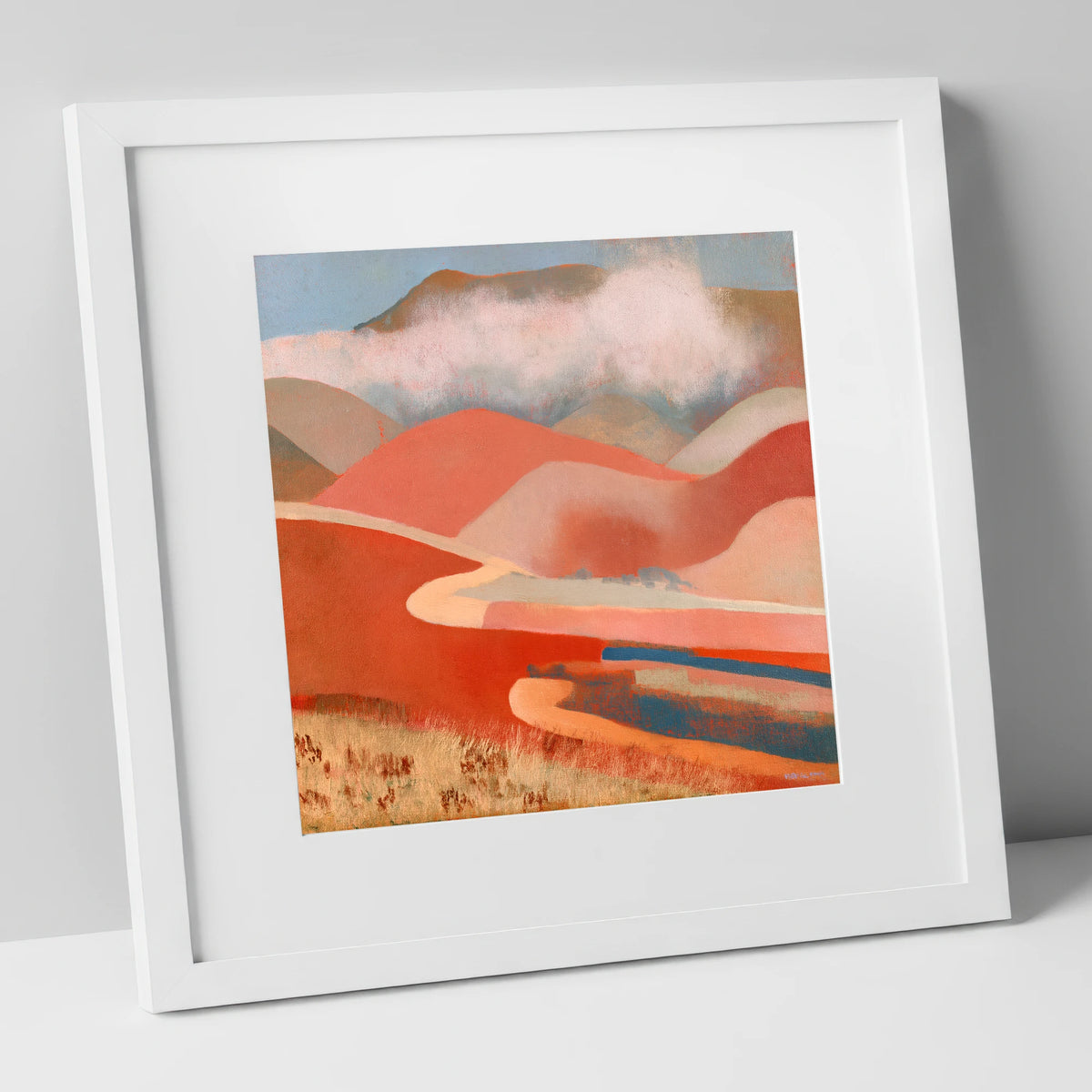 Terracotta Fells Under Cloud lake district fell art print in white frame