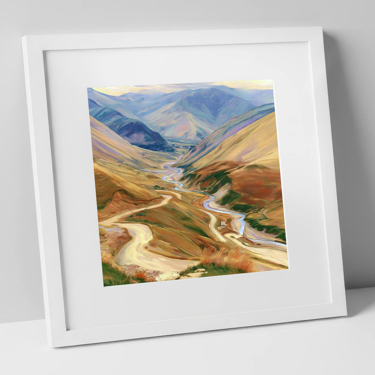 Winding Mountain Pass and Beck lake district valley art print in white frame