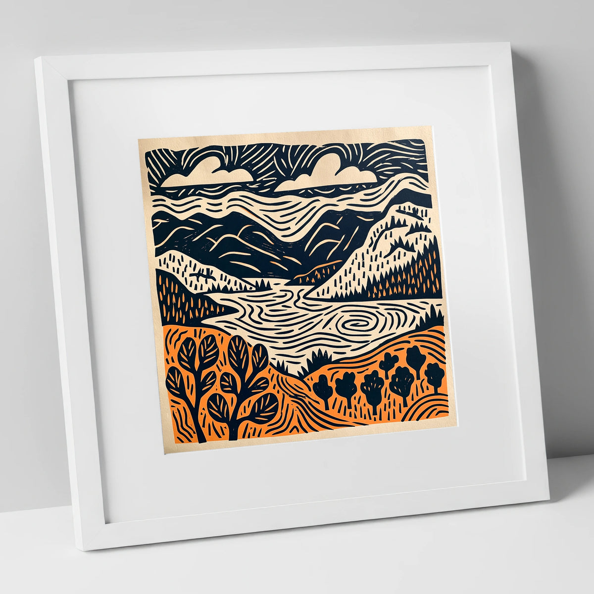 Winding Lake and Terracotta Fells lake district lake art print in white frame