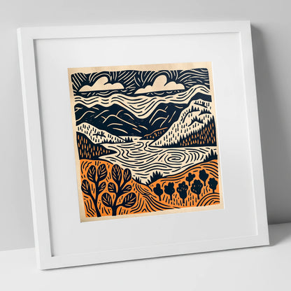 Winding Lake and Terracotta Fells lake district lake art print in white frame