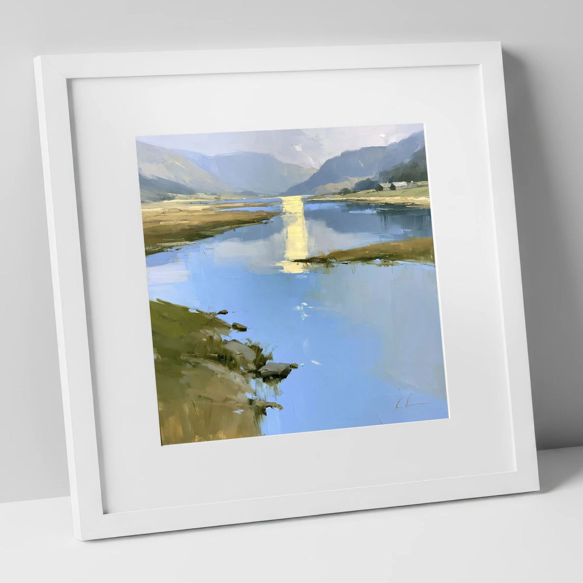 Golden Reflection on the Lake lake district lake art print in white frame