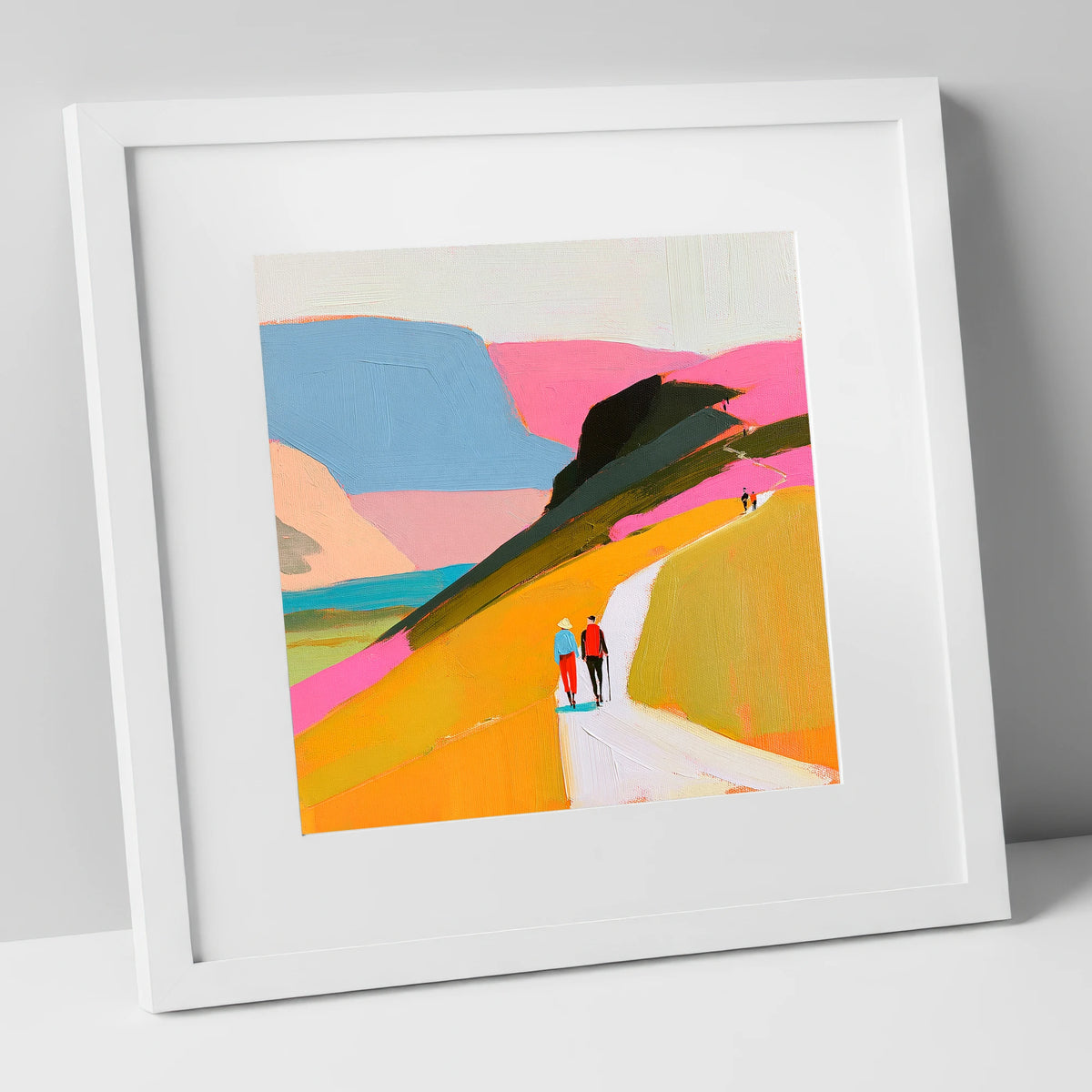 Walkers Ascending Colourful Fells lake district walking art print in white frame