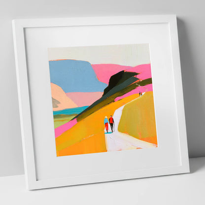 Walkers Ascending Colourful Fells lake district walking art print in white frame