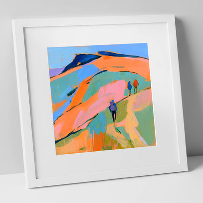 Orange and Blue Fell Hikers lake district fell art print in white frame