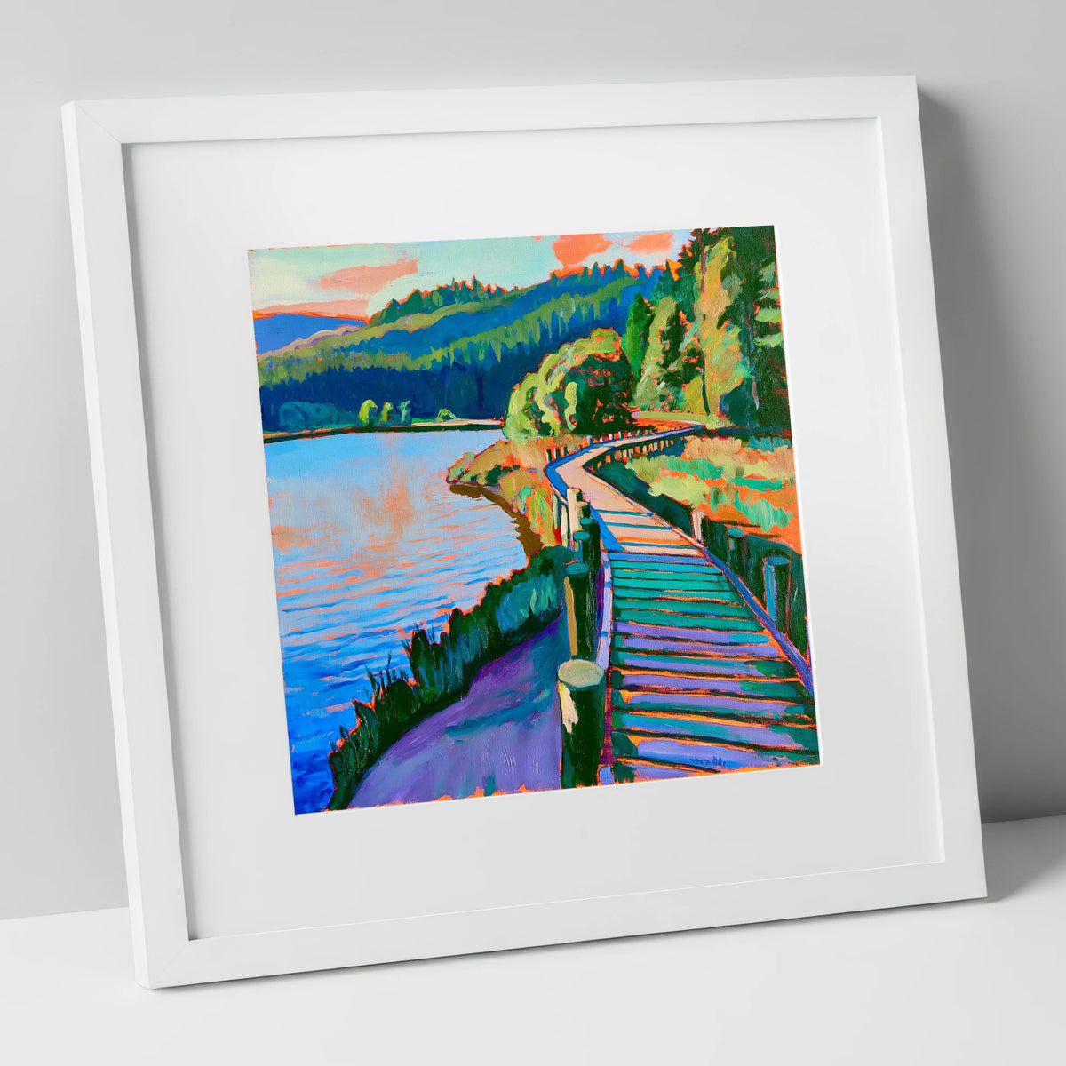 Vibrant Boardwalk at Tarn Hows lake district lake art print in white frame