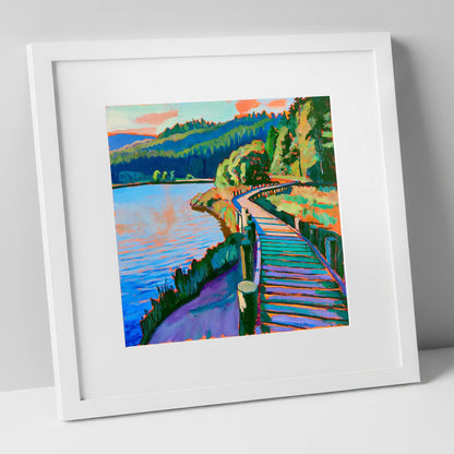 Vibrant Boardwalk at Tarn Hows lake district lake art print in white frame