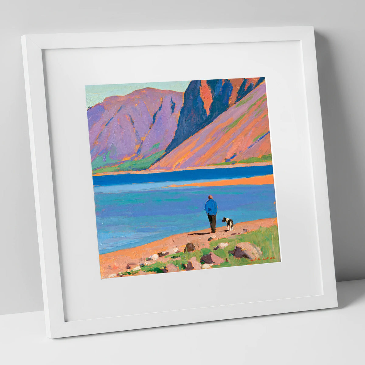 Vibrant Wast Water Dog Walk gifts for dog walkers art print in white frame