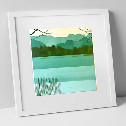Teal Fells Above Elter Water lake district lake art print in white frame