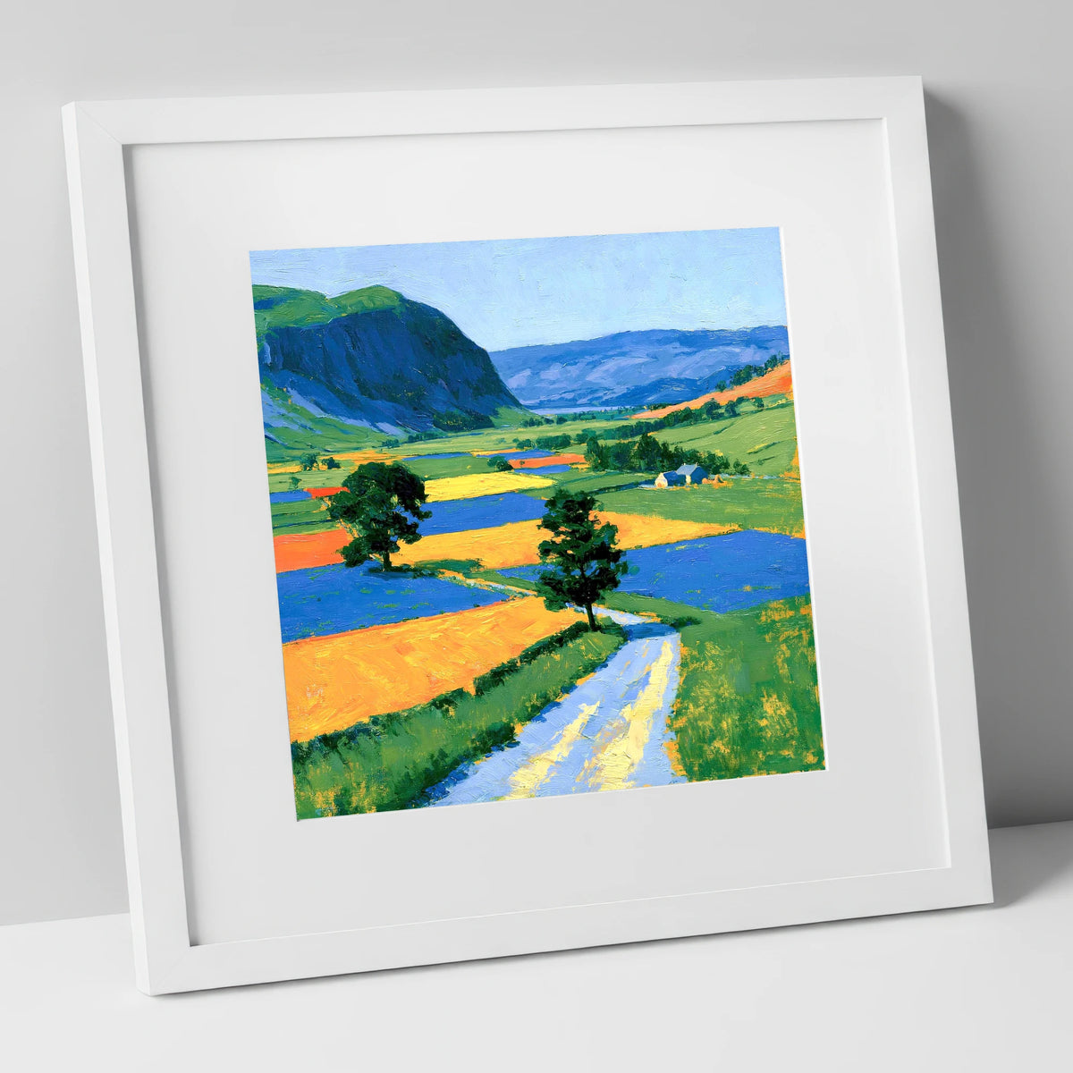 Bright Dale Patchwork Fields lake district valley art print in white frame