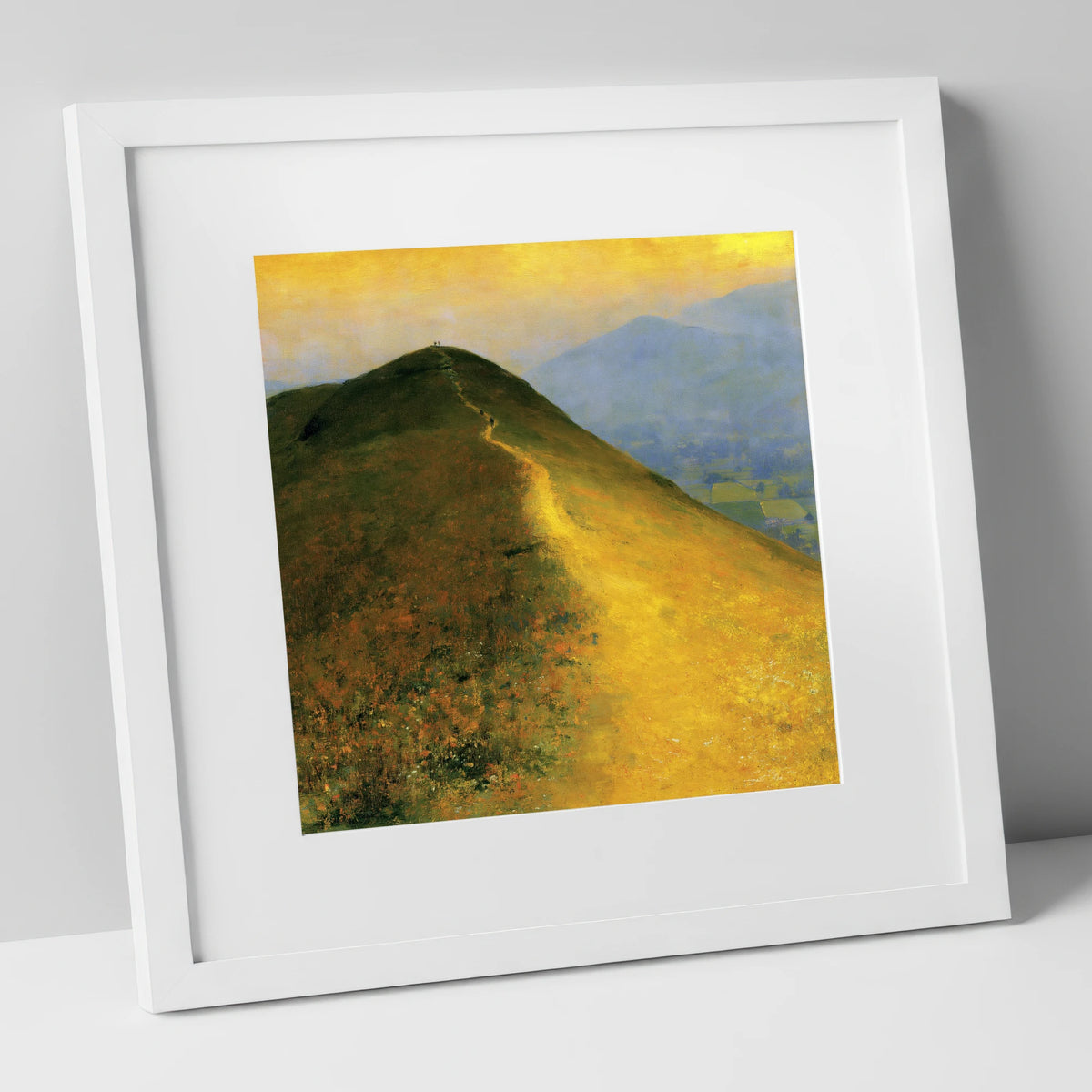 Sunlit Bracken on Catbells Ridge lake district fell art print in white frame