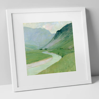 Winding River Below Pastel Fells lake district waterfall art print in white frame