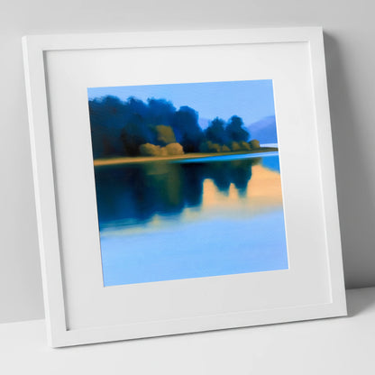 Deep Blue Lake Reflections lake district lake art print in white frame