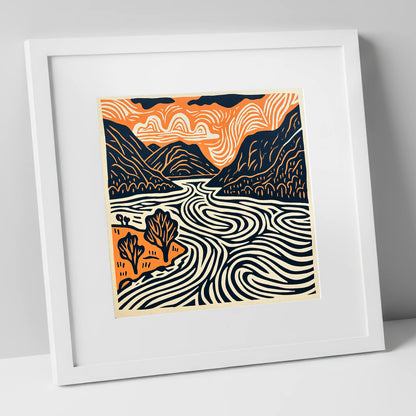Ullswater in Terracotta and Navy lake district lake art print in white frame