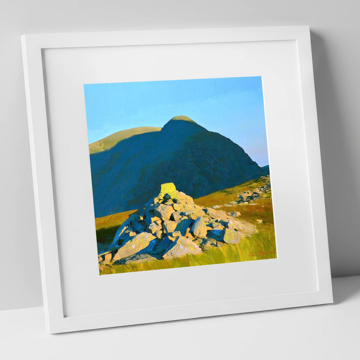 Sunlit Cairn Below Brandreth Peak lake district fell art print in white frame