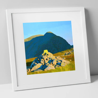 Sunlit Cairn Below Brandreth Peak lake district fell art print in white frame