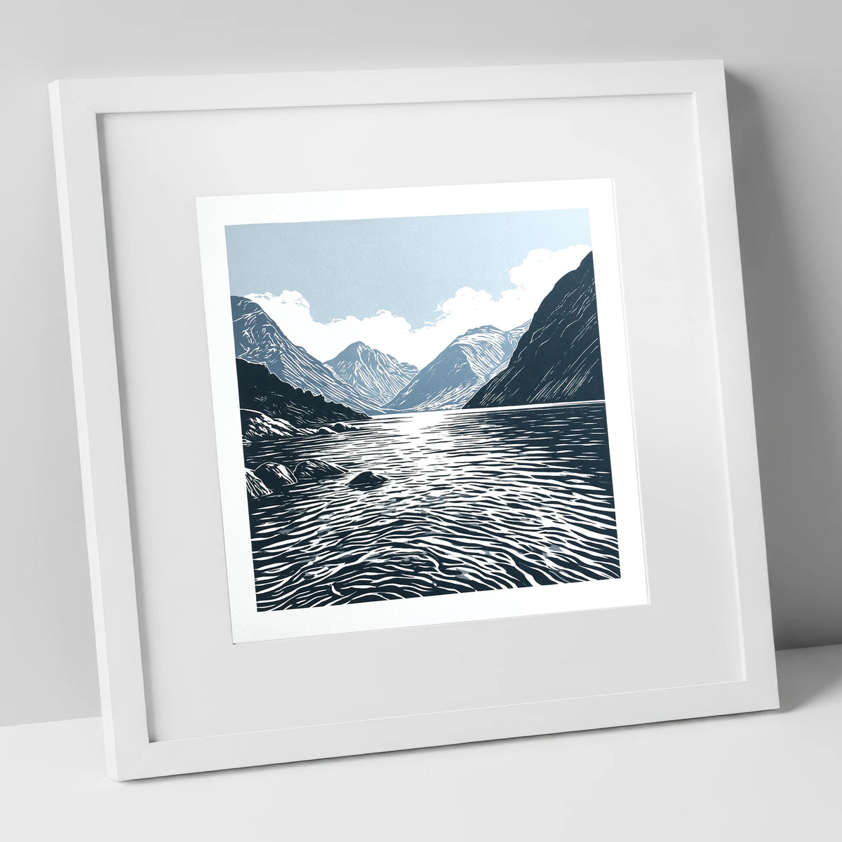 Graphic Navy Wastwater Screes lake district lake art print in white frame