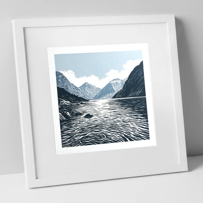 Graphic Navy Wastwater Screes lake district lake art print in white frame