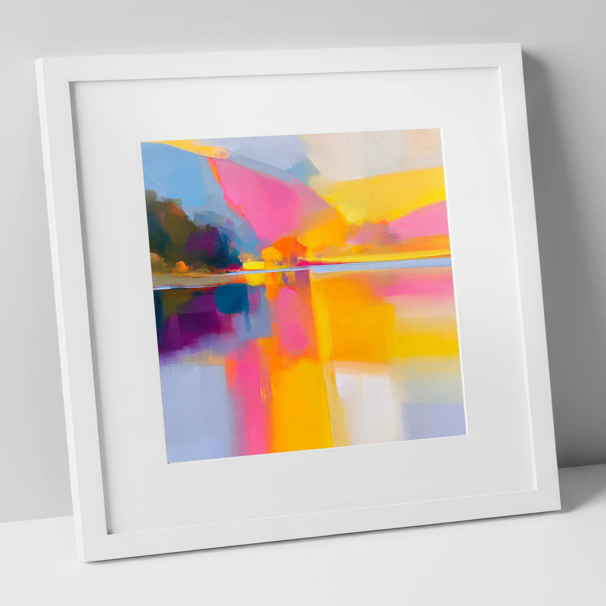 Vibrant Pink Calm Lake Reflections lake district lake art print in white frame