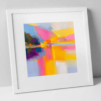 Vibrant Pink Calm Lake Reflections lake district lake art print in white frame