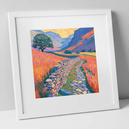 Drystone Wall Through Golden Valley lake district valley art print in white frame