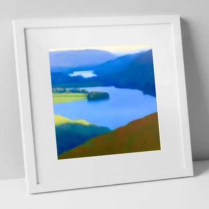 Grasmere Lake in Ultramarine Blue lake district lake art print in white frame