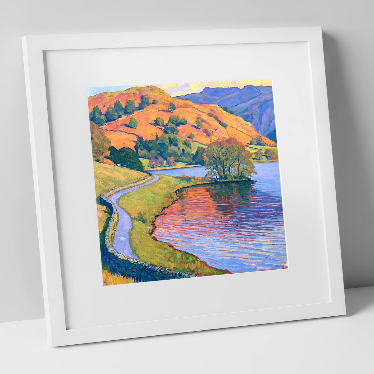Sunlit Path Beside Rydal Water lake district lake art print in white frame