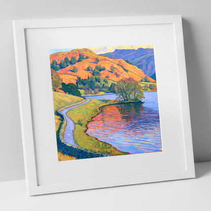 Sunlit Path Beside Rydal Water lake district lake art print in white frame