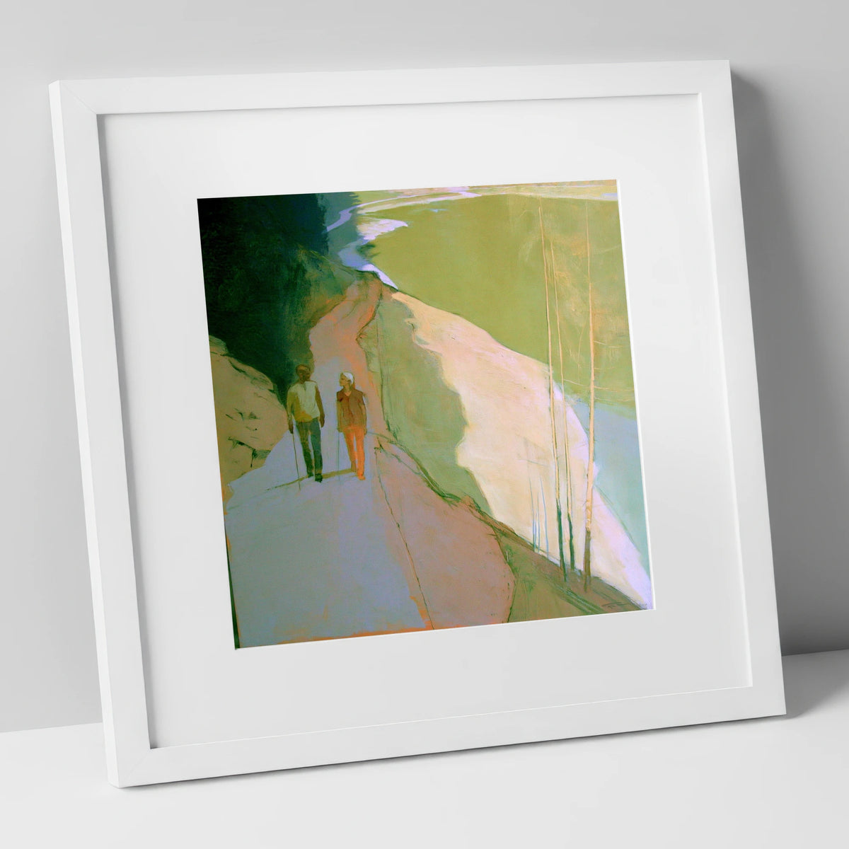 Hikers on Lakeside Mountain Path lake district walking art print in white frame
