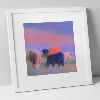 Highland Cattle in Pink Twilight lake district wildlife art print in white frame