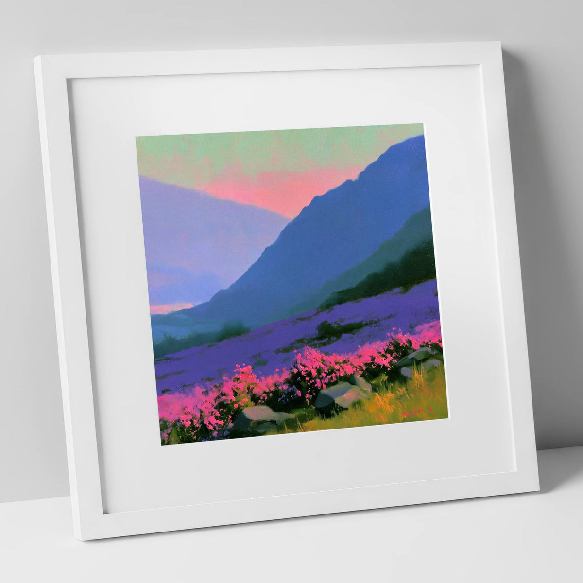 Indigo Fells and Vibrant Heather flowers & fellsides art print in white frame