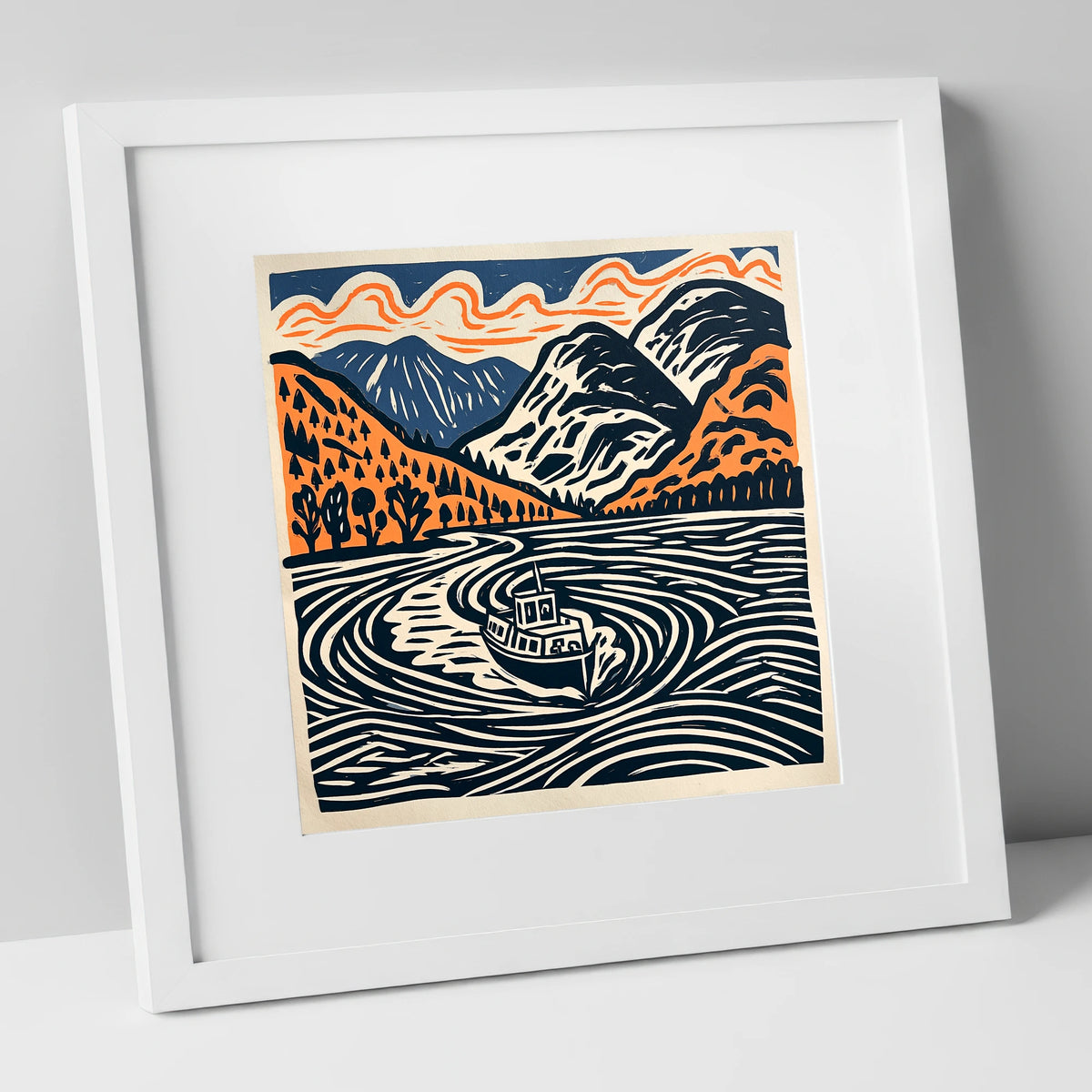 Ullswater Steamer in Terracotta and Navy lake district lake art print in white frame