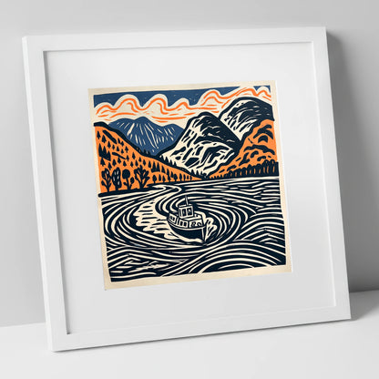Ullswater Steamer in Terracotta and Navy lake district lake art print in white frame