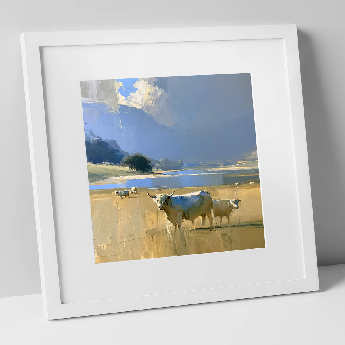 Highland Cattle Before Moody Fells lake district wildlife art print in white frame