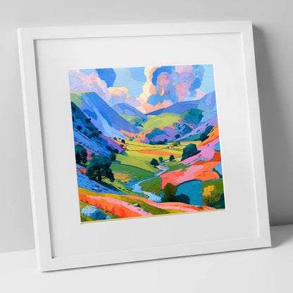 Lavender Fells and Valley Beck lake district valley art print in white frame