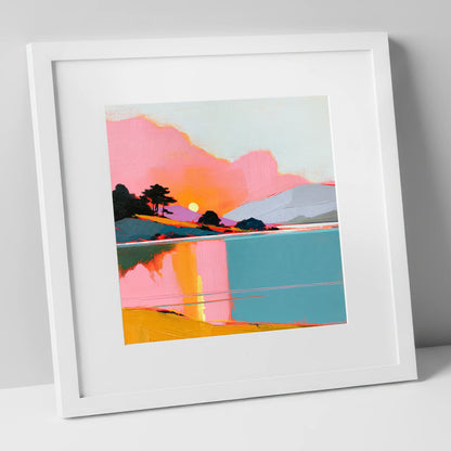 Pink Sunset Over Lake Water lake district lake art print in white frame