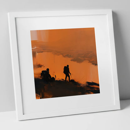 Catbells Walkers in Amber Light lake district fell art print in white frame